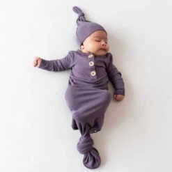 Knotted Gown With Hat Set 25 Knotted Gown With Hat Set -Tiny Baby Essentials Store Currant Ribbed Knotted Gown with Hat Set 1