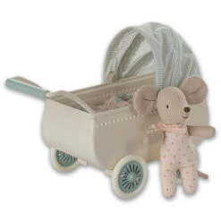 Maileg Pram With Baby Mouse | Mint -Tiny Baby Essentials Store Maileg mint pram stroller doll accessory