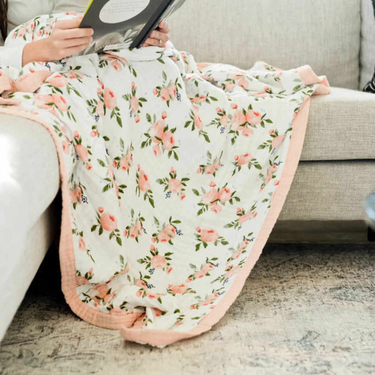 Cotton Muslin Quilted Throw - Watercolor Roses 6 Cotton Muslin Quilted Throw - Watercolor Roses - Image 6