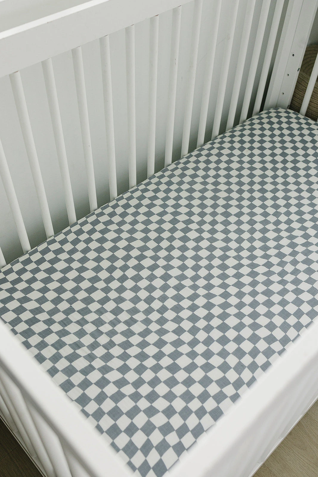 Muslin Crib Sheet | Dusty Blue Wavy Checkered 3 Muslin Crib Sheet | Dusty Blue Wavy Checkered - Image 3
