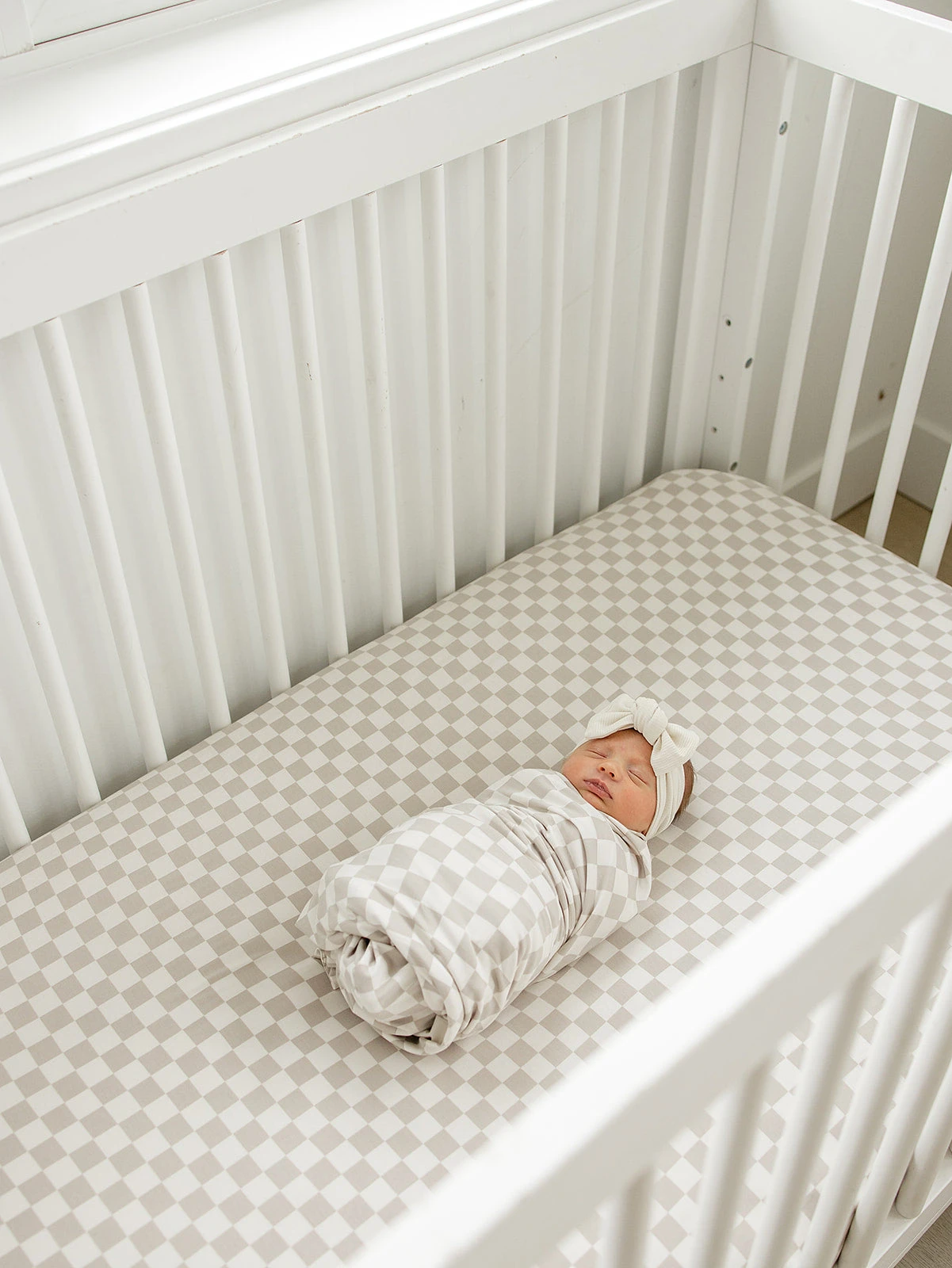 Bamboo Stretch Crib Sheet | Taupe Checkered 2 Bamboo Stretch Crib Sheet | Taupe Checkered - Image 2