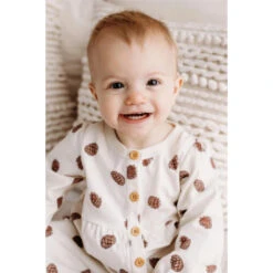 Gathered Button Romper | Pinecones -Tiny Baby Essentials Store pnw baby gathered romper pinecones4
